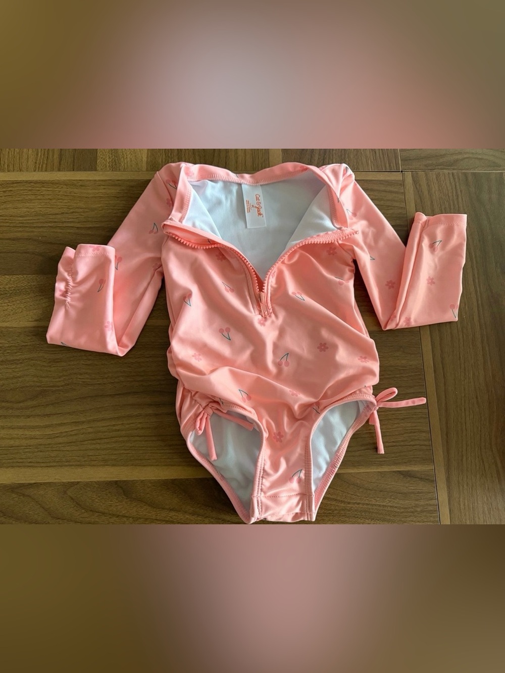 Cat & Jack Peach Long-Sleeve One-Piece Swim Suit with Cherry Print